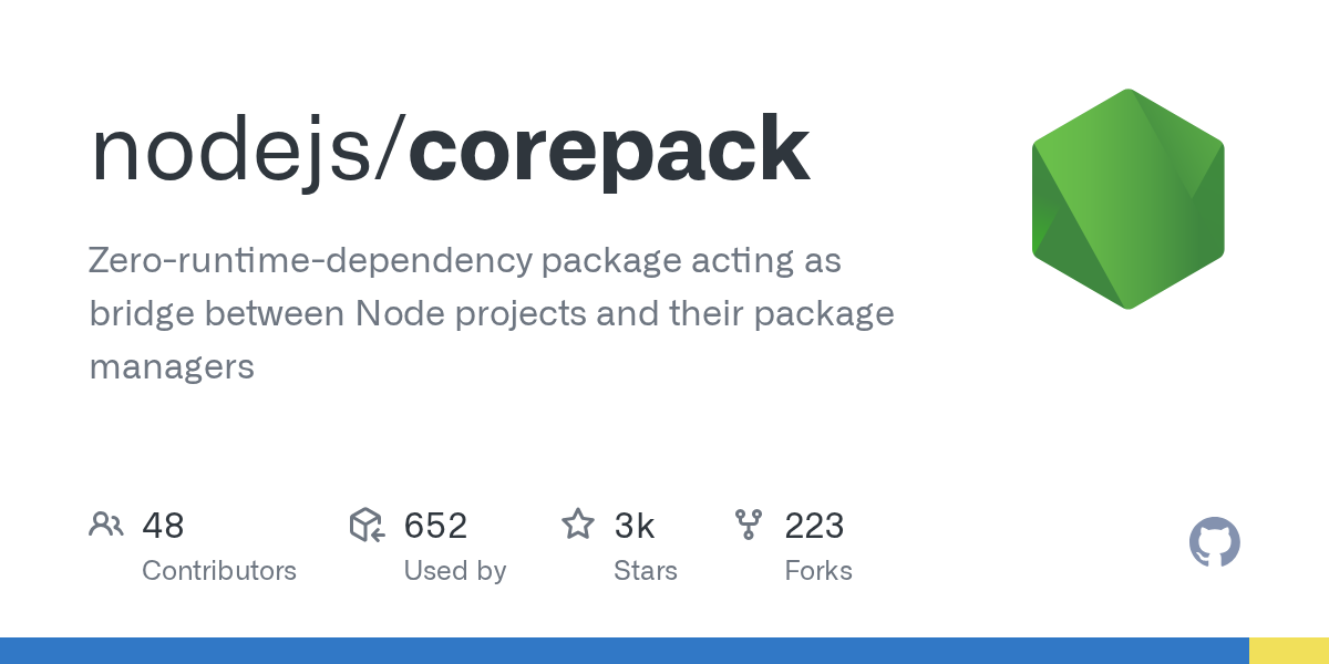 GitHub - nodejs/corepack: Zero-runtime-dependency package acting as bridge between Node projects and their package managers