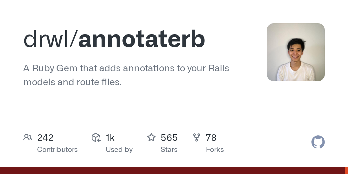 GitHub - drwl/annotaterb: A Ruby Gem that adds annotations to your Rails models and route files.